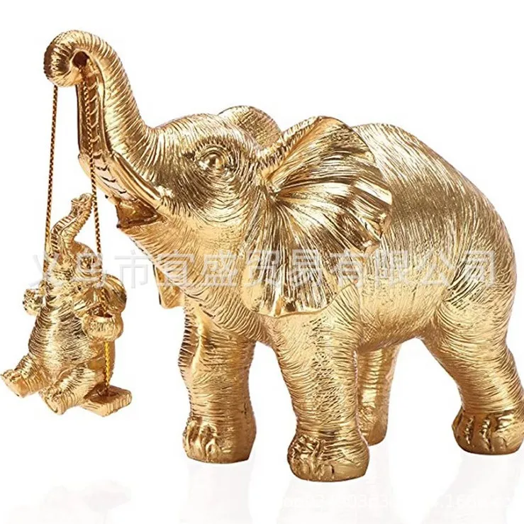 ‌Golden Elephant Cradle Figurine – Resin Home Decor, Baby Elephant Ornament, Decorative Accent