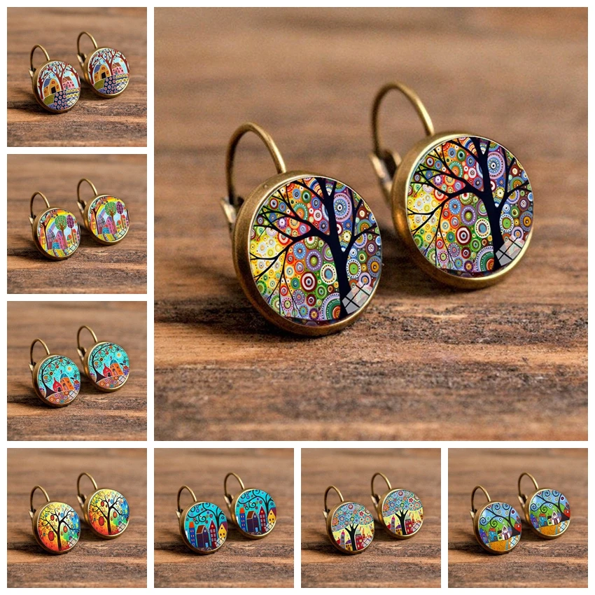 Fashion Jewelry Dome Glass Alloy Earrings Beautiful House Pattern Bronze Color Creative Gifts