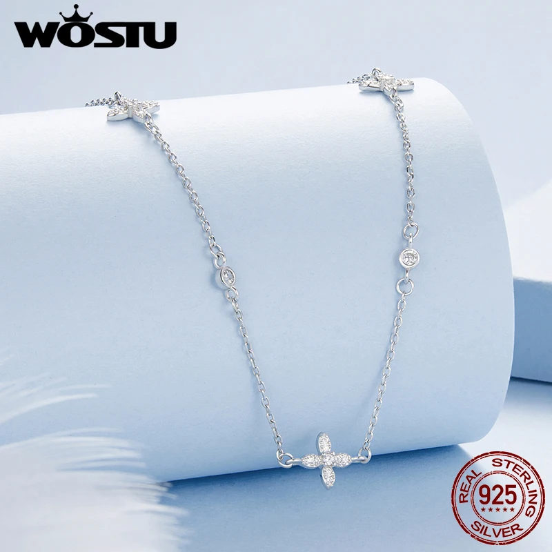 WOSTU Original 925 Sterling Silver Four-petal Flower Necklace With Zircon For Women Party Dating Gift Luxury Jewelry FNN406