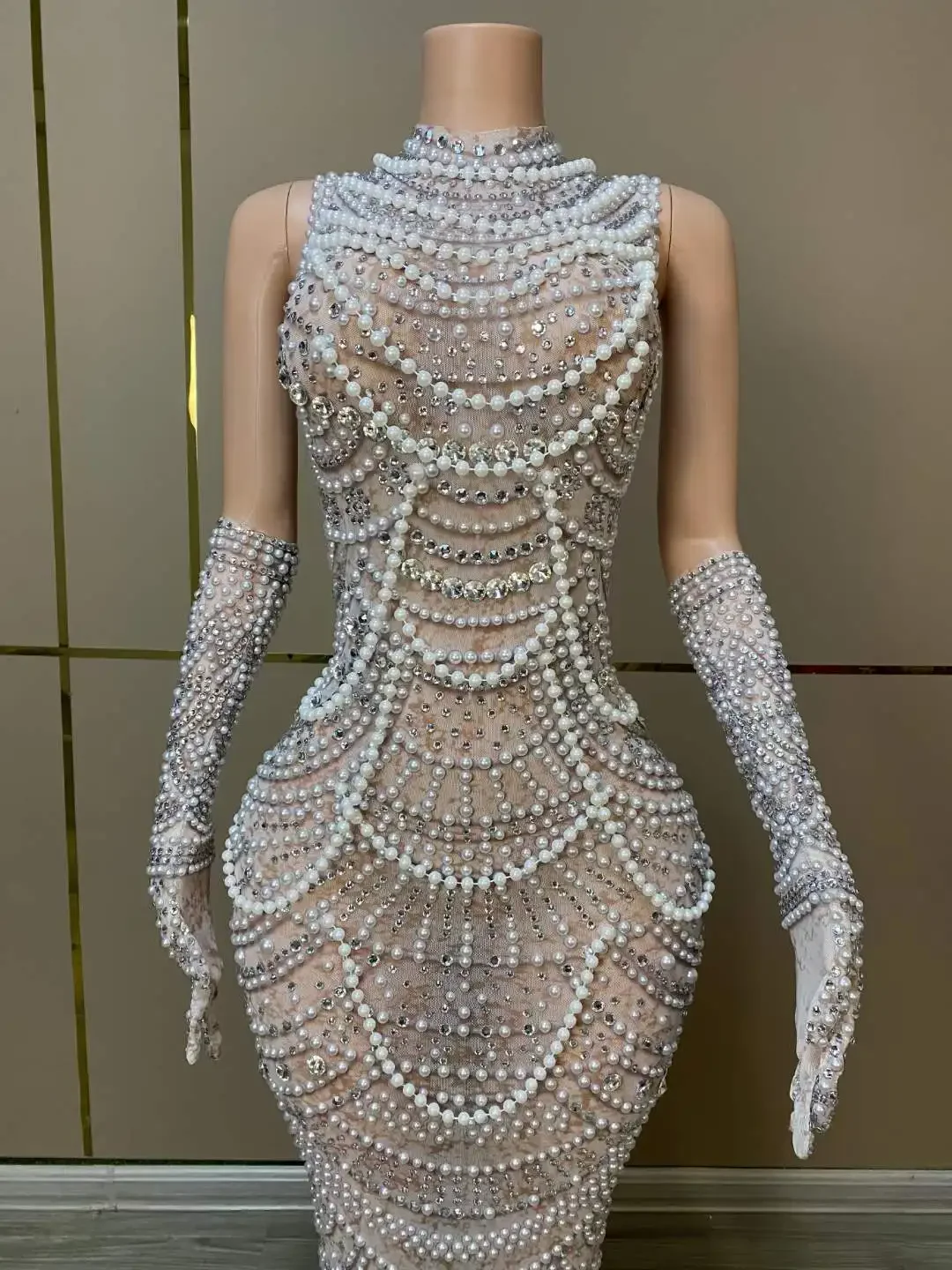 

Long Dress Women Luxury Sleeveless Rhinestone With Gloves Evening Party Nightclub Drag Queen Performance Costumes 2026 New