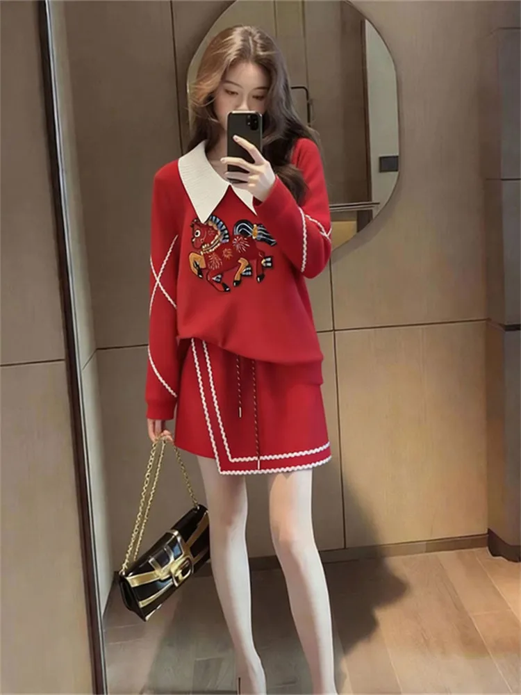 

New Year Aosphere Sensation Women's Two-Piece Set Unique Skirt Trendy Long Sve Knitted Top High Waist Bot