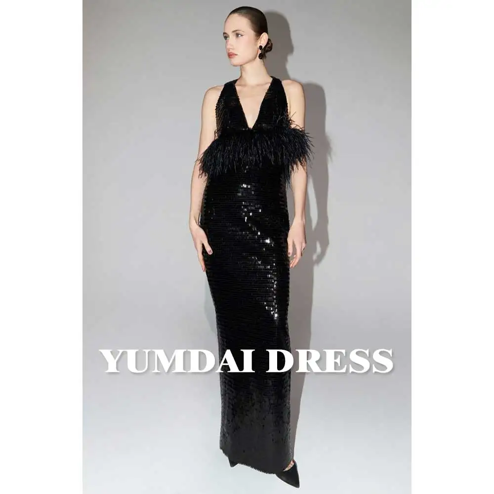 YUMDAI Gorgeous Dubai Black Sequin Cocktail Dress 2023 Salon Deep V Evening Dress Feather Embellished Sleeveless Ball Dress