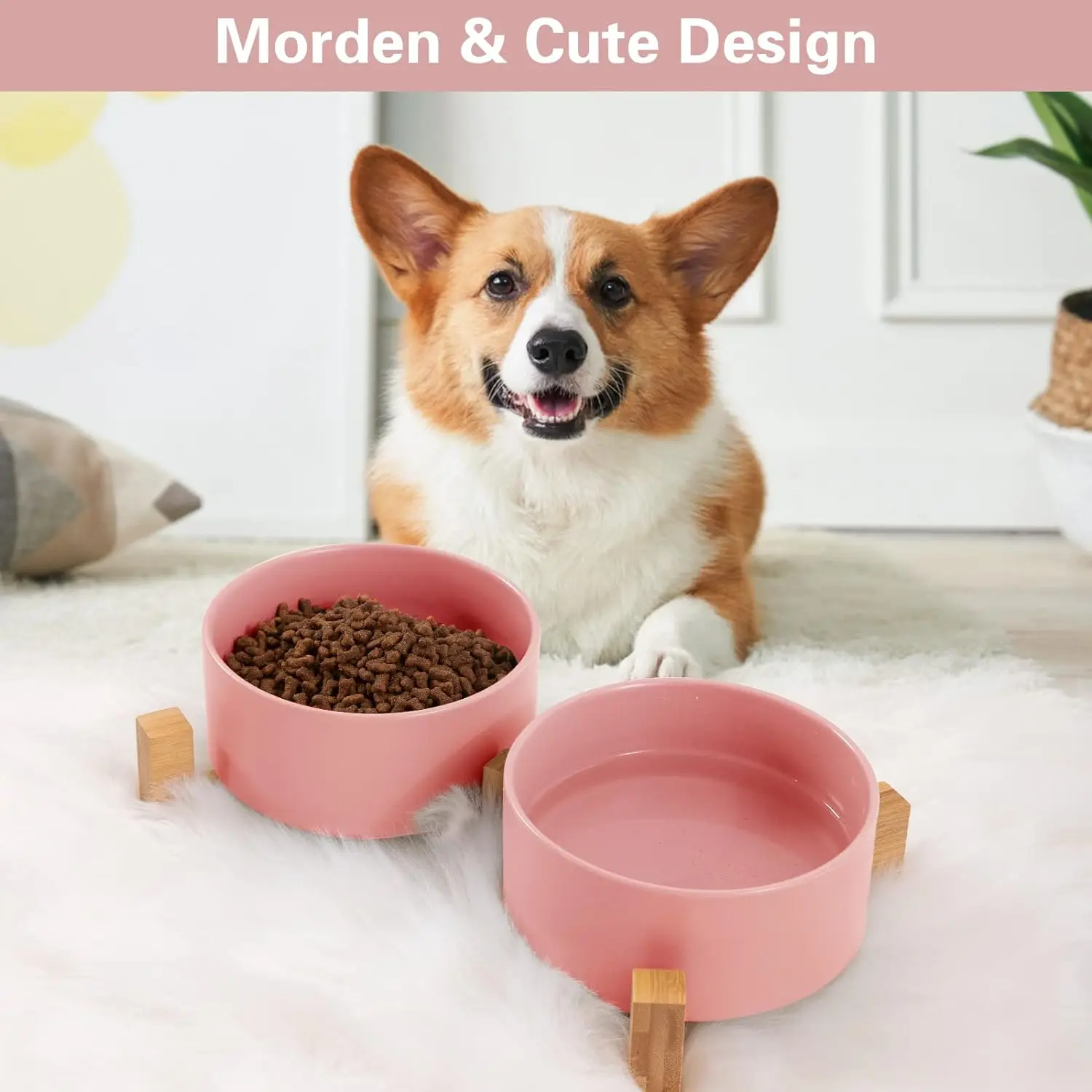 Ceramic Cat Bowls, Food and Water Puppy Bowls Set Dish With Wood Stand, No Spill Pet Ceramic Double Bowl For small Dogs & Cats