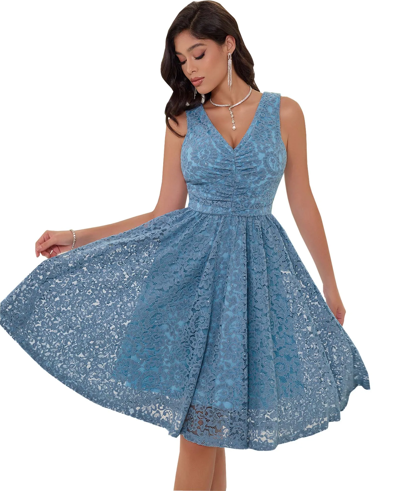 

Angel-fashions Women's Lace A-Line Cocktail Dress Sleeveless V-Neck Midi Semi Formal Party Dress with Ruched Detail