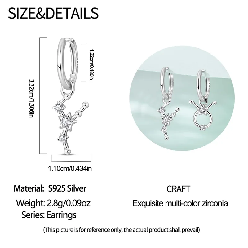 Hot Sale 925 Sterling Silver 12 Constellation Taurus Earrings Women Zircon Ear Studs Sparkling Pave Hoop Earring Jewelry Gift
