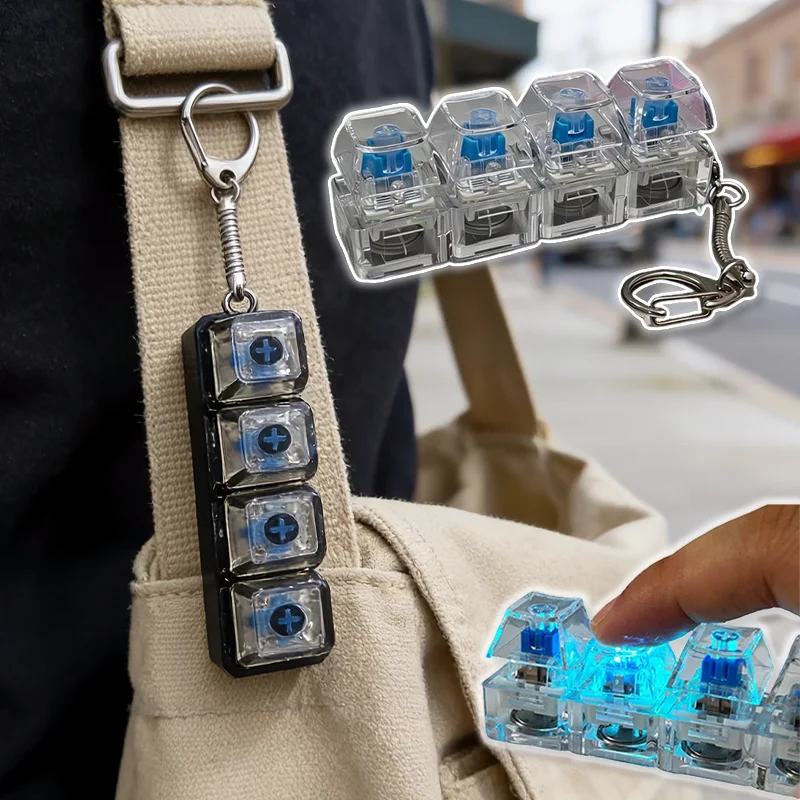 LED Keyboard Keychain Crystal Clicker 4 Keys Keyboard Keycaps Party Gift  Stress Relief Keyboard Cap Luggage Accessories