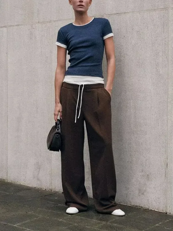 

Spring Women's High Waist Wide Leg Casual Pants Double Layered Slimming Waist Design Comfortable Faionable Ladies Trousers