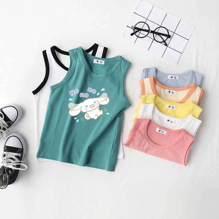 

Anime Sanrio Hello Kitty Cinnamoroll Children Undershirts My Melody Kuromi Cute Printing Summer Sleeveless Shoulder Top T-Shirt