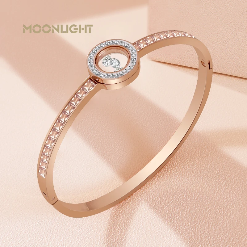 

MOONLIGHT Trendy Design Stainless Steel Round Bangles for Women Cubic Zirconia Rose Golden Cross Bangle For Female’s Accessories