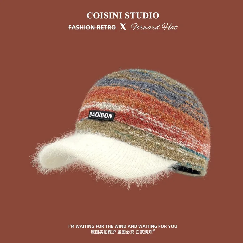 Japanese Color-blocked Striped Knitted Plush Peaked Hat Autumn and Winter Warm Versatile Personalized Baseball Cap for Women Men