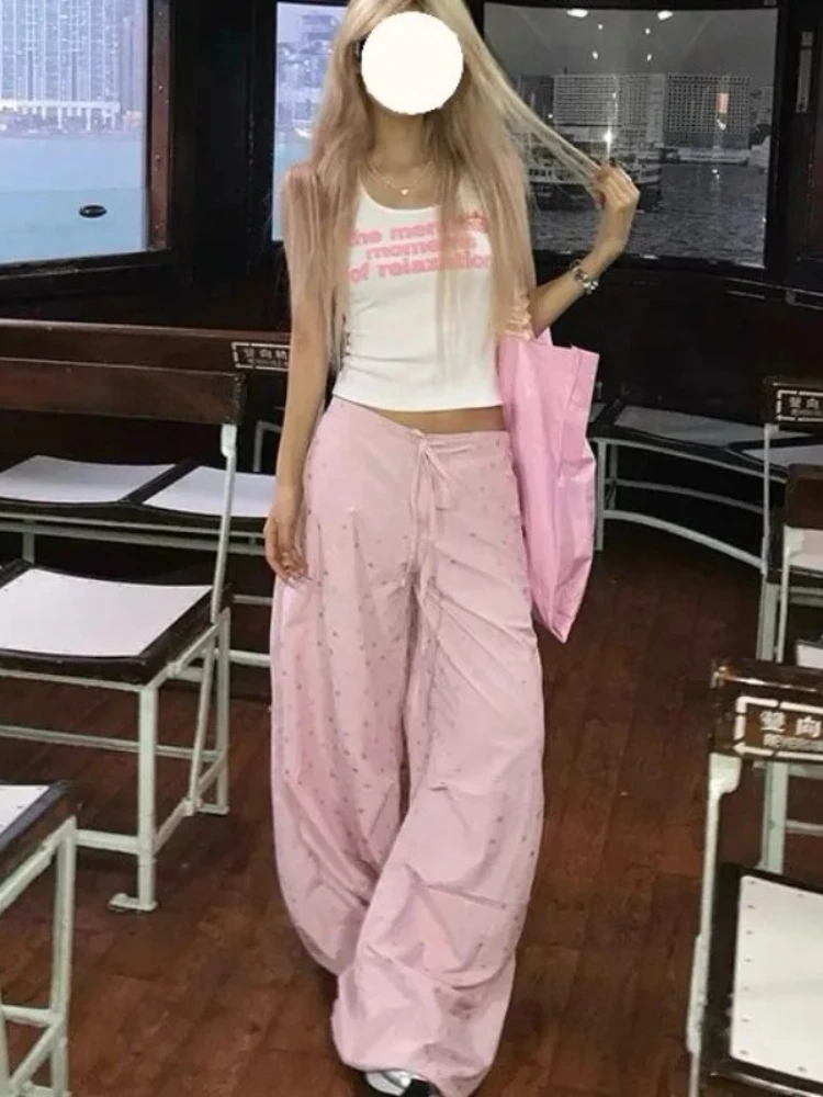 HOUZHOU Pink Star Graphic Print Drawstring Women Pants Wide Leg American Retro Baggy Jogging Sweatpants Y2K Harajuku Gyaru New