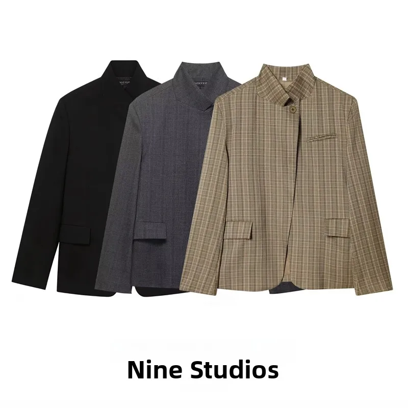

Loose Fit One Button Mix Fiber Stand Collar Women's Suit Jacket Coat Long Sleeve Plaid Pattern NINE ZAR Spring 2026