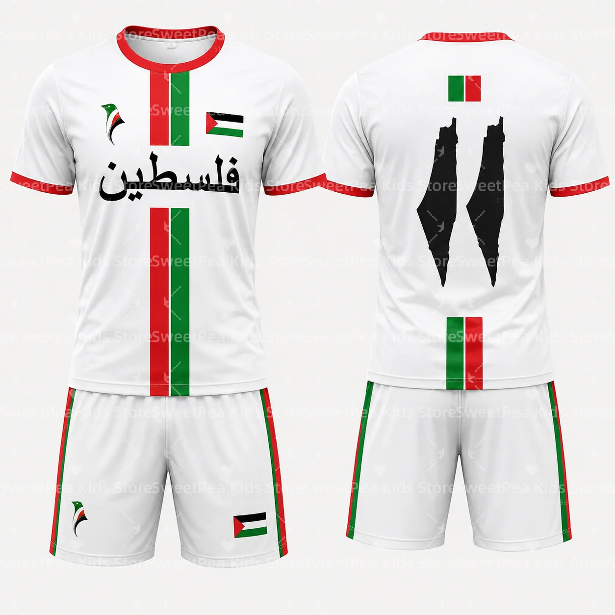 Palestine Vertical Stripe Silhouette Football Jersey Sets Summer Children's Outdoor Casual  Breathable T-shirts and Sets