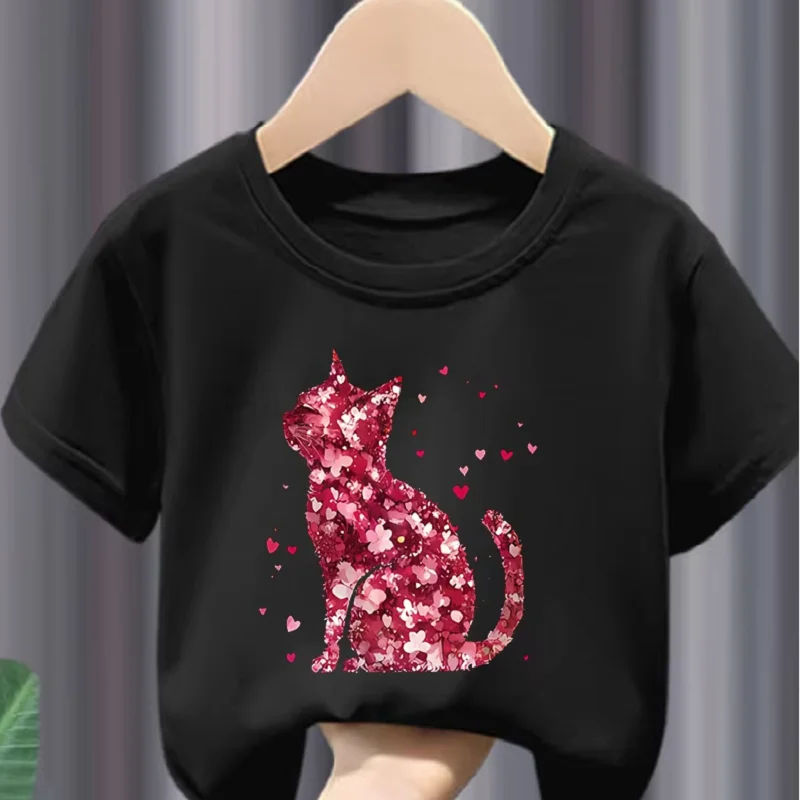 Girls' Short-Sleeved T-Shirt Summer Pink Cat Design Children's Wear Half-Sleeved Top for Kids' Summer Fashion Fashion summer