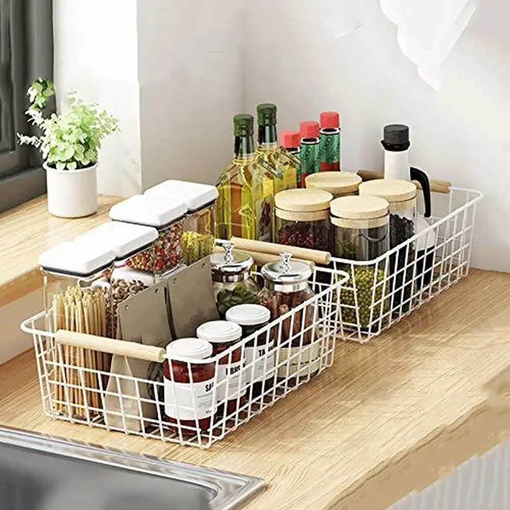 Metal Desktop Storage Basket White Black with Wood Handle Vegetable Fruit Snack Holder Large Capacity Rectangle