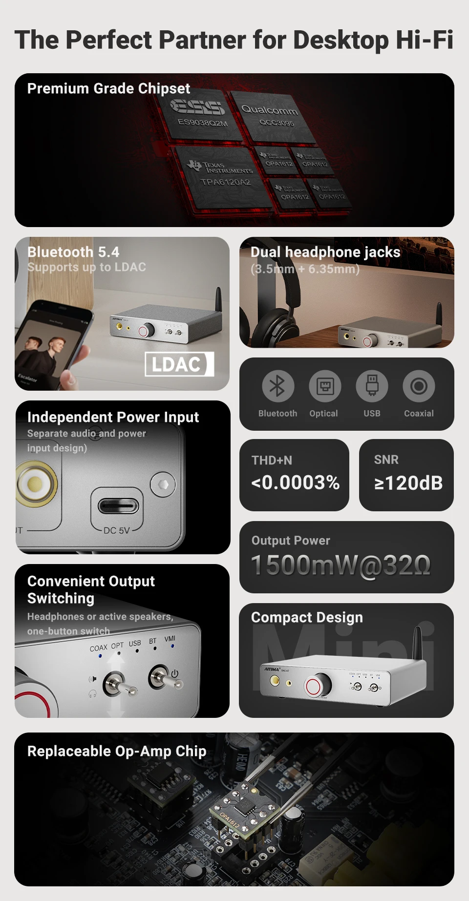 AIYIMA DAC-A7 Mini Stereo Audio USB-Decoder Kopfhörerverstärker Bluetooth 5.4 ES9038Q2M für Heim/Desktop Aktiv-Lautsprecher – Detail 5