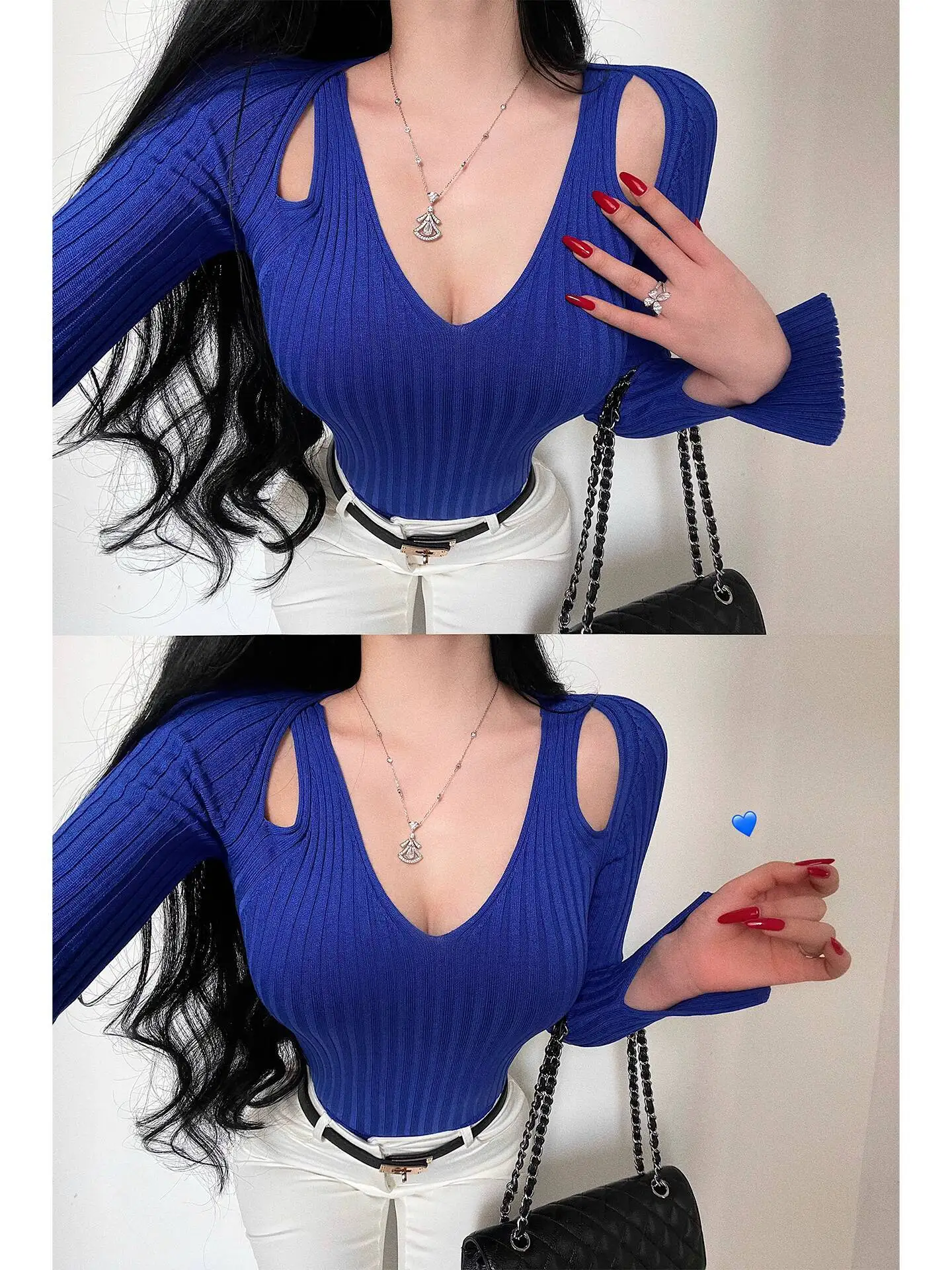 Stile maturo Puro desiderio Scollo a V Scava Fuori Spalla Slim Fit Manica lunga Top lavorato a maglia Maglione Moda Donna 2025 Nuovo Top OTQ4