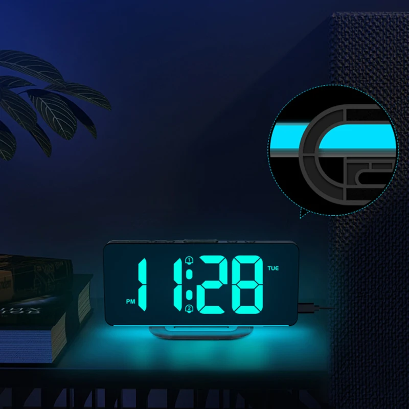 Digital Alarm Clock Desk/Wall Dimmable Electronic Clock with RGB Atmosphere Night Light  Rainbow Time USB Charger Week Display