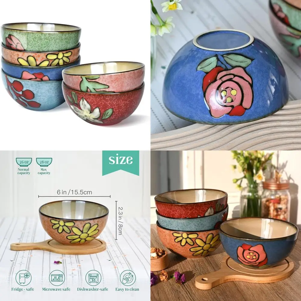 

ceramic cereal bowls set of 6, floral design 6 inch – 28oz for cereal, salad, soup, dessert, or snacks, microwave, dishwasher sa