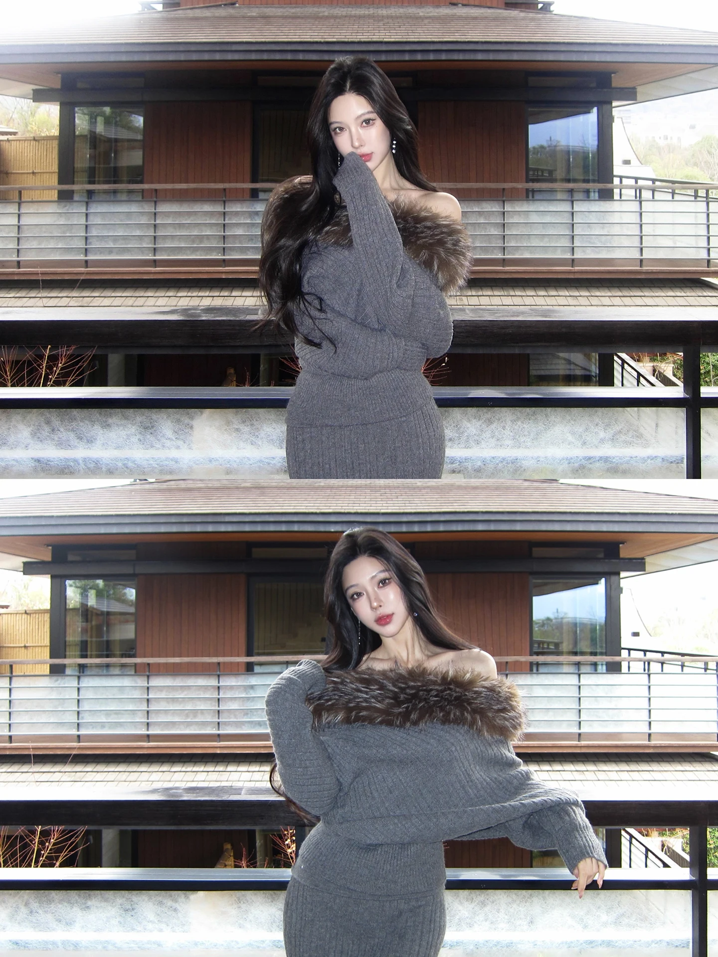 

Fbblimit ey Polar Fce Trim свитер с овальным плечом, комплект с юбкой с хвостом Fi, комплект Ele Winter Faion, женский наряд, повседневная работа, домашняя дата