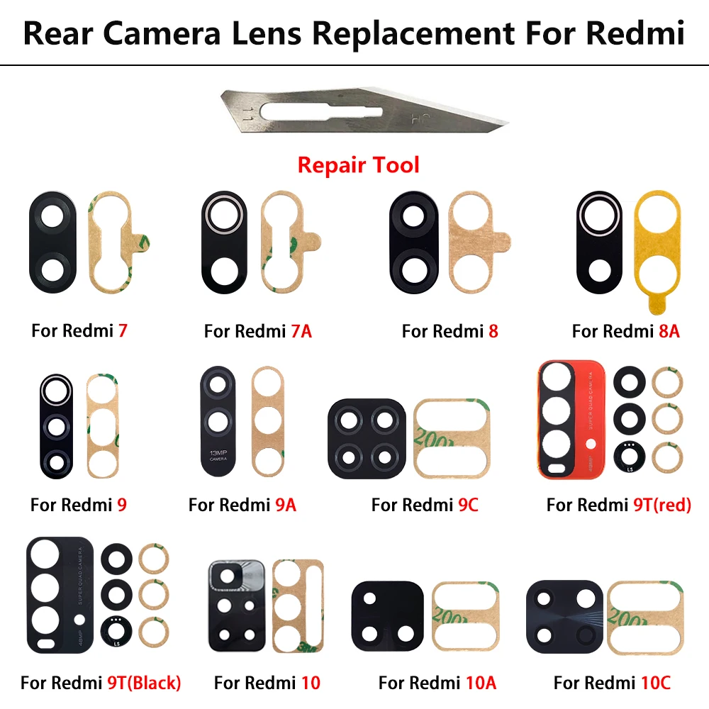 Back Camera Glass Lens For Xiaomi Redmi 12C 10A 10C 10 9T 9A 9C 9 8A 8 7 7A Replacement With Adhesive Sticker