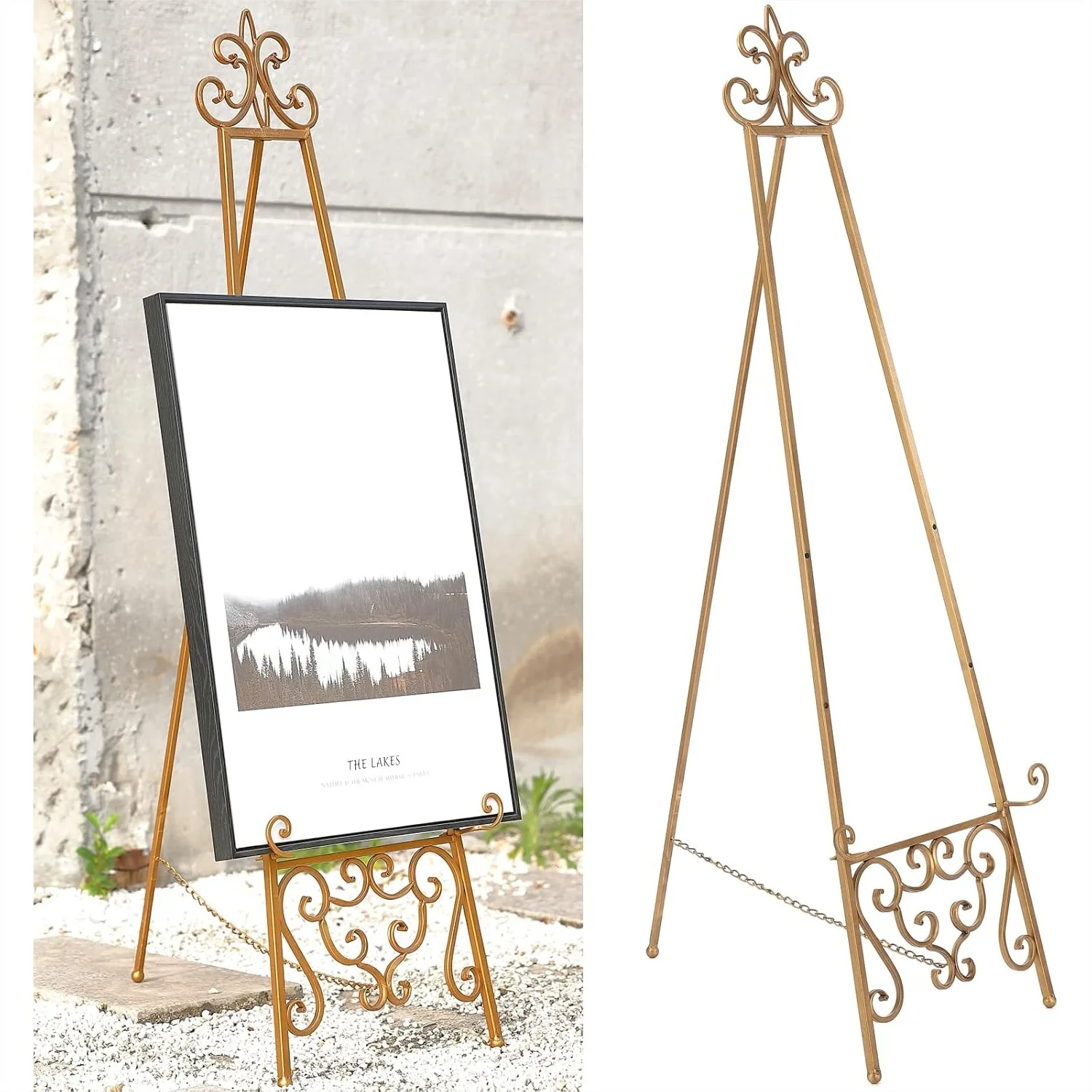 

Heavy Duty Metal Easel Stand, 15"L x 25.5"W x 56.5"H Gold Scroll Easel for Sign, Wedding, Picture Frame, Mirror, No Assembly