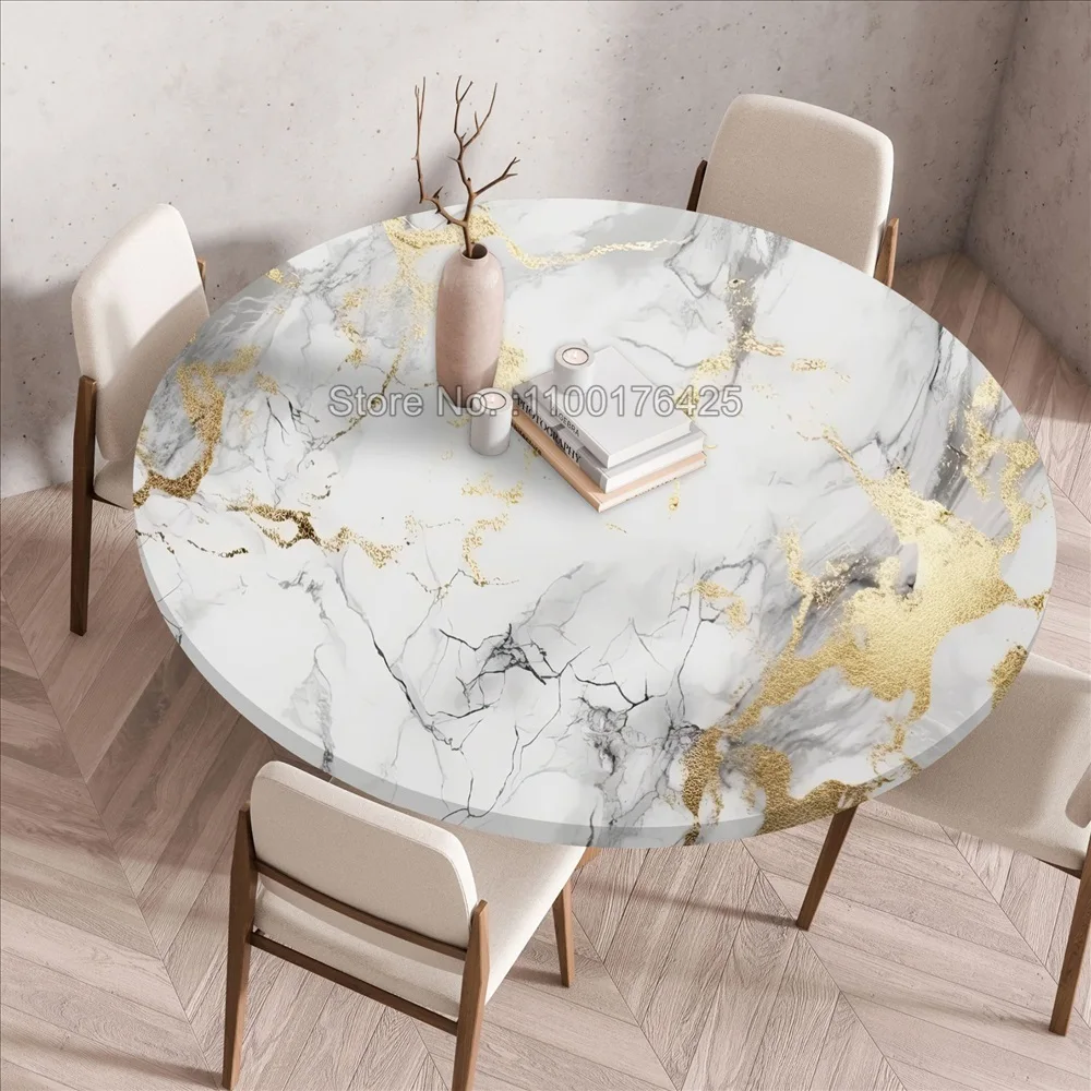 Round Marble Tablecloth Elastic Table Cover Waterproof and Wash Free Tablecloth Round Table Mat for Kitchen