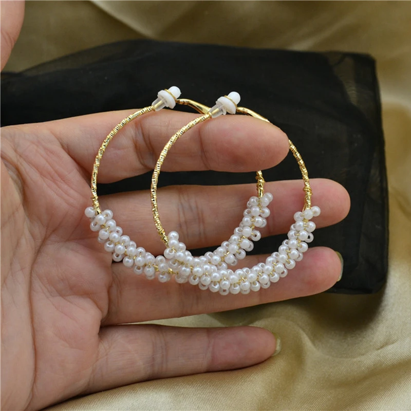 Ladies Earrings Big Circle Beaded Round Clip On Ear Without Piercing Non Pierced Fine Fashion Jewelry Hoop Earrings for Women