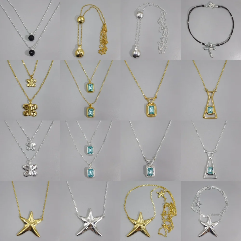 Layered necklaces, butterfly star pendant and rectangular light blue crystal pendant, trendy fashion women's accessories