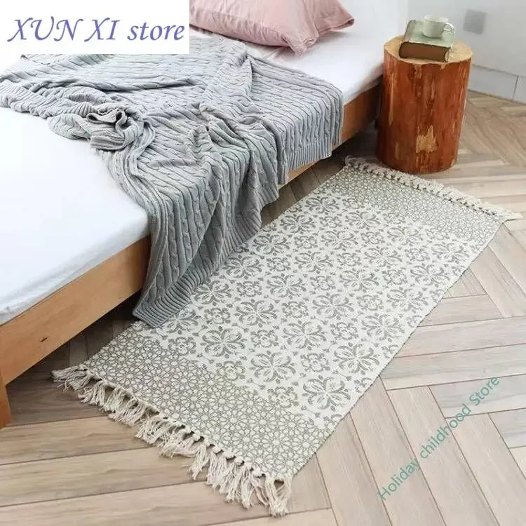 

New Luxurious Bohemian style cotton linen soft carpet handmade tassel carpet living room bedside mat