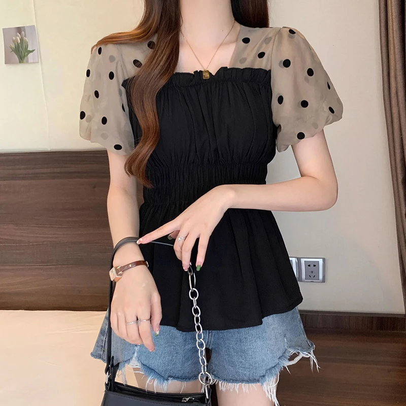 Sweet Folds Spliced Polka Dot Puff Sleeve Chiffon T-Shirts Female Clothing 2024 Summer New Loose Casual Tops Chic Tee Shirts