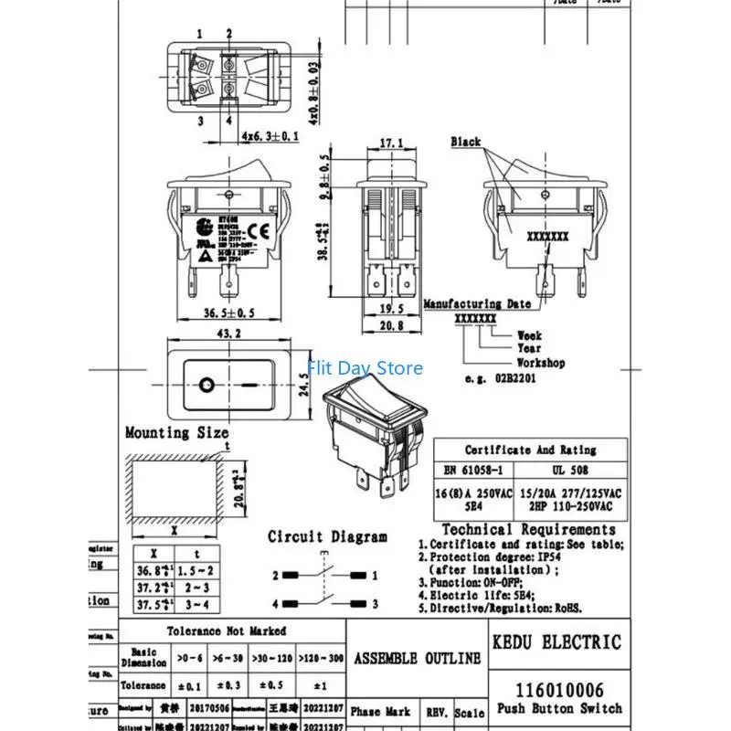 F92C 110-250V 4 مفاتيح كهربائية دبوس سهلة الاستخدام مفاتيح مفاتيح نوع القارب HY60E
