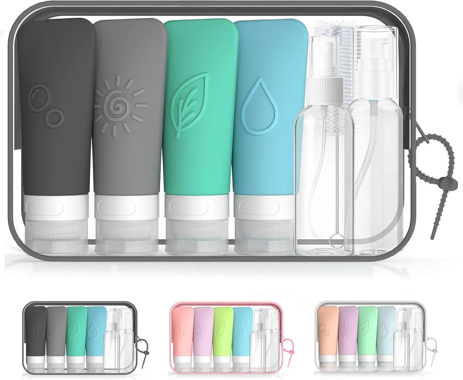 

16-Piece Silicone Travel Bottles Set – TSA Approved Leakproof Toiletry Kit with Flat Easy-Squeeze Bottles, Pump & Spray, Waterproof Bag