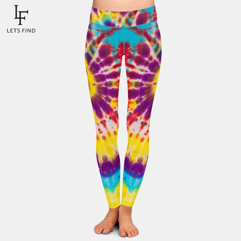 Fashion Women Stretch Pants Tie-dye Print High Waist 220gsm Double Side Brushed Milk Silk Casual Leggings