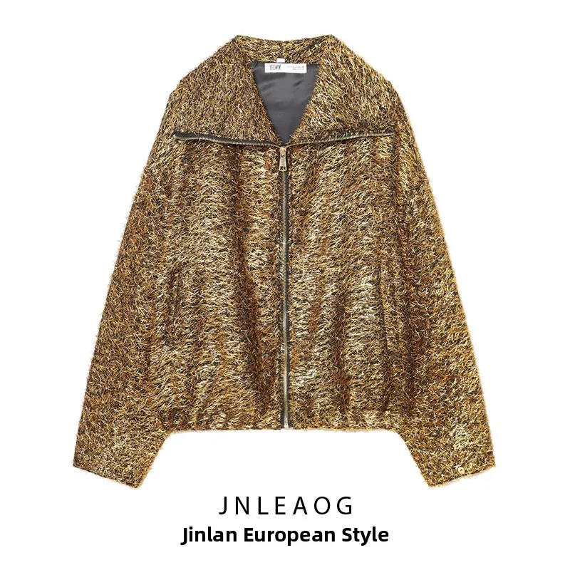 

JNLEAOG Faionable Metal Color Pilot Jaet Women's Autumn New Sle Versatile Outerwear Loose Fit Long Sve Polyester