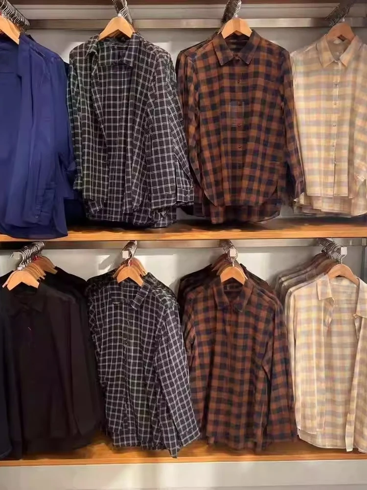 

Spring Autumn New Women's Cotton Outerwear Thin Long Sve irt Casual Versatile Top Women's Plaid Commute Sle irt