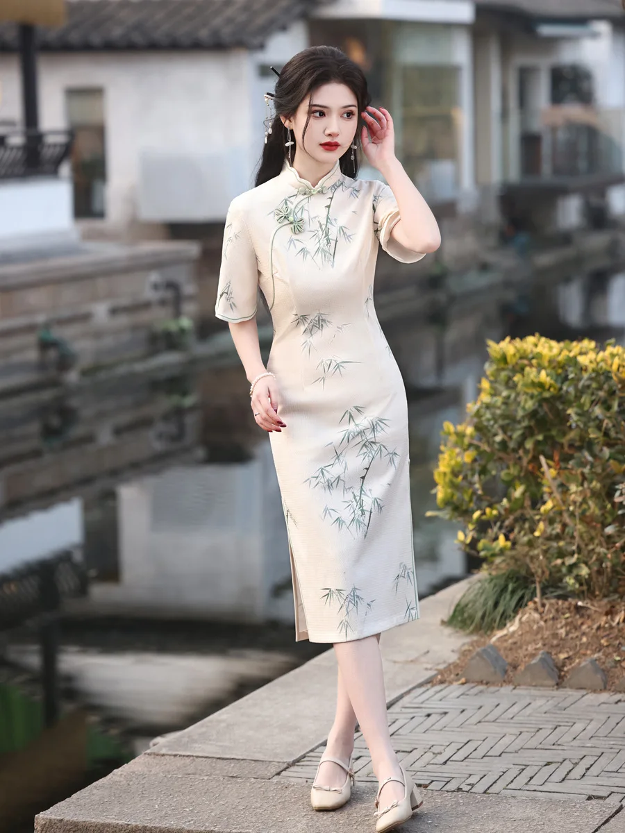 2024 New Product Composite Chinese Style Improved Printed Girl Qipao Daily Fresh Elegant Slim Fit Qipao Women's Cheongsam Dress