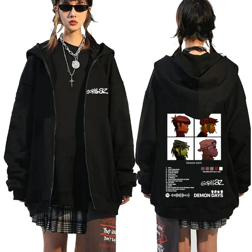 

Rock Band Gorillaz Demon Days Album Merch Zipper Hoodie Men Women Hip Hop Fashion Oversized Zip Up Jacket Male Casual Streetwear