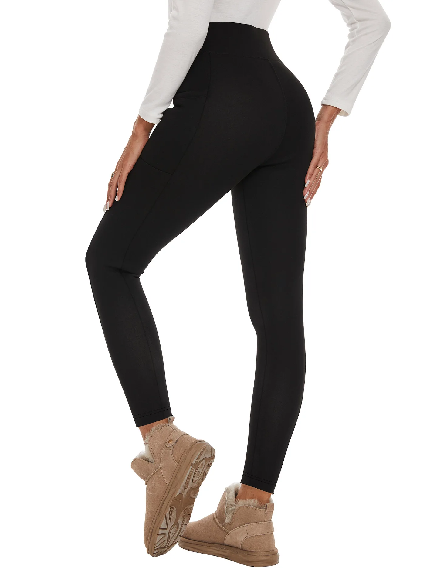 겨울용 따뜻한 플리스 안감 두꺼운 레깅스 주머니 포함 야외용 화이트 플러시 팬츠