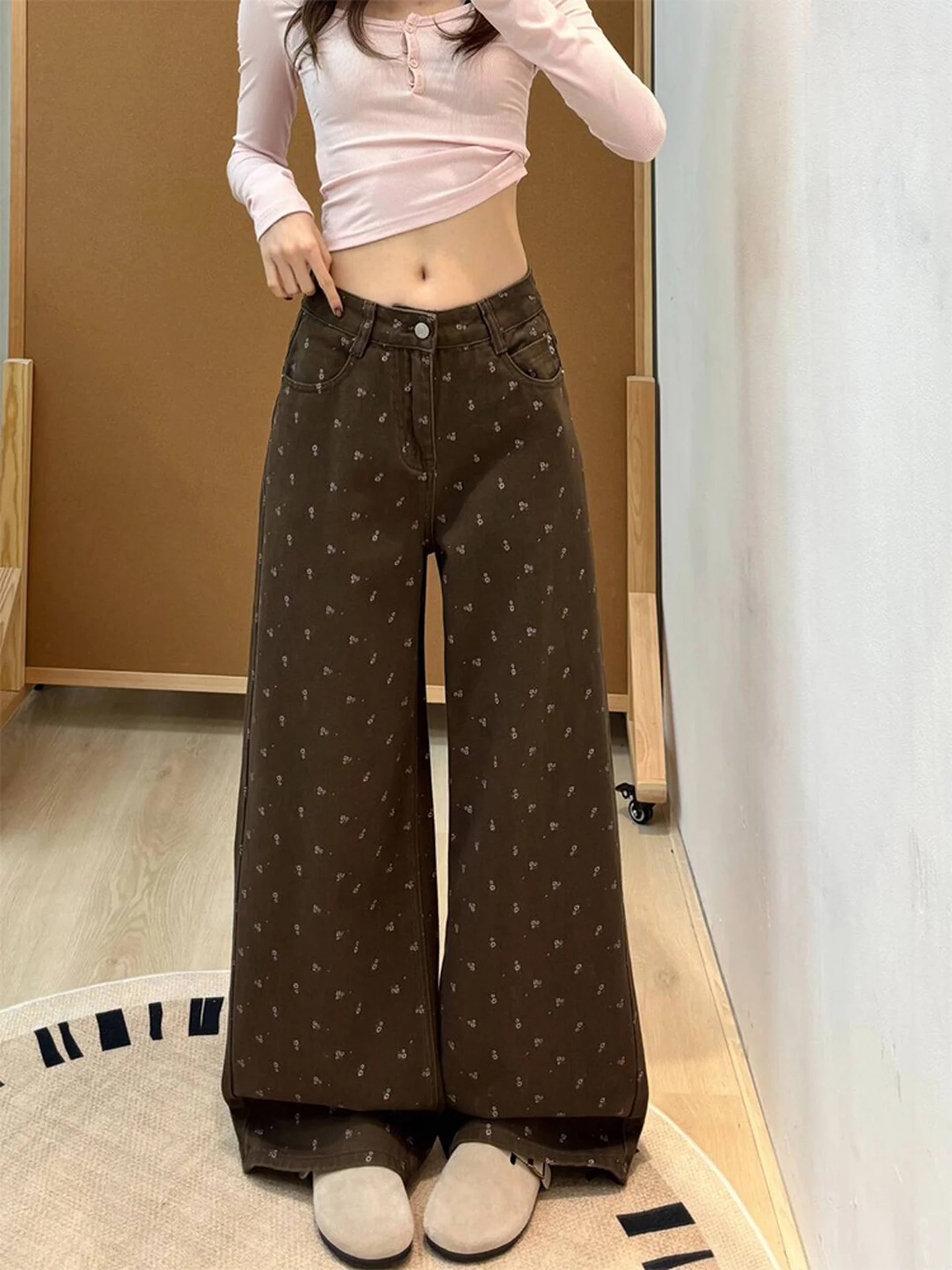 

American Style High Waist Wide Leg Floral Print Denim Pants Women Summer Loose Feel Long Trousers Casual High-waist Jeans