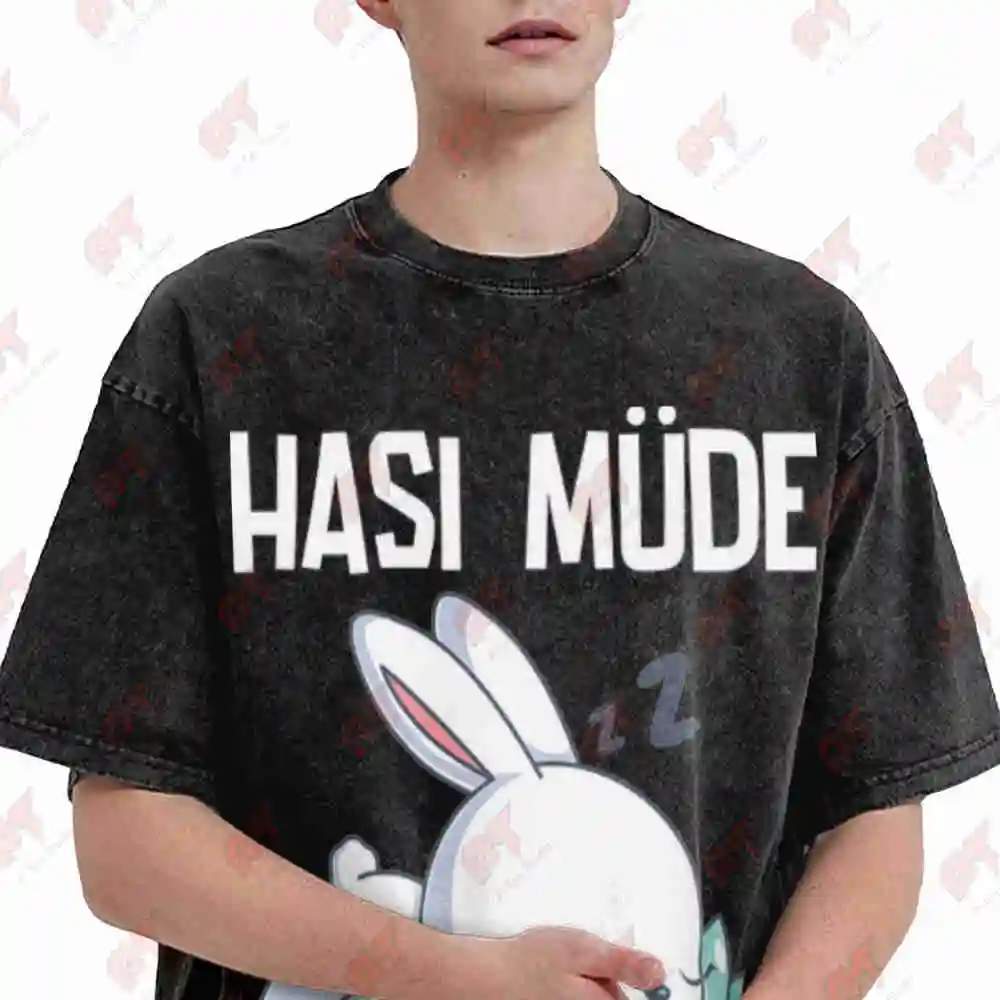 Hasi Tired Sleep Rabbit Bunny Vintage Washed Tee Pure Cotton T-Shirt
