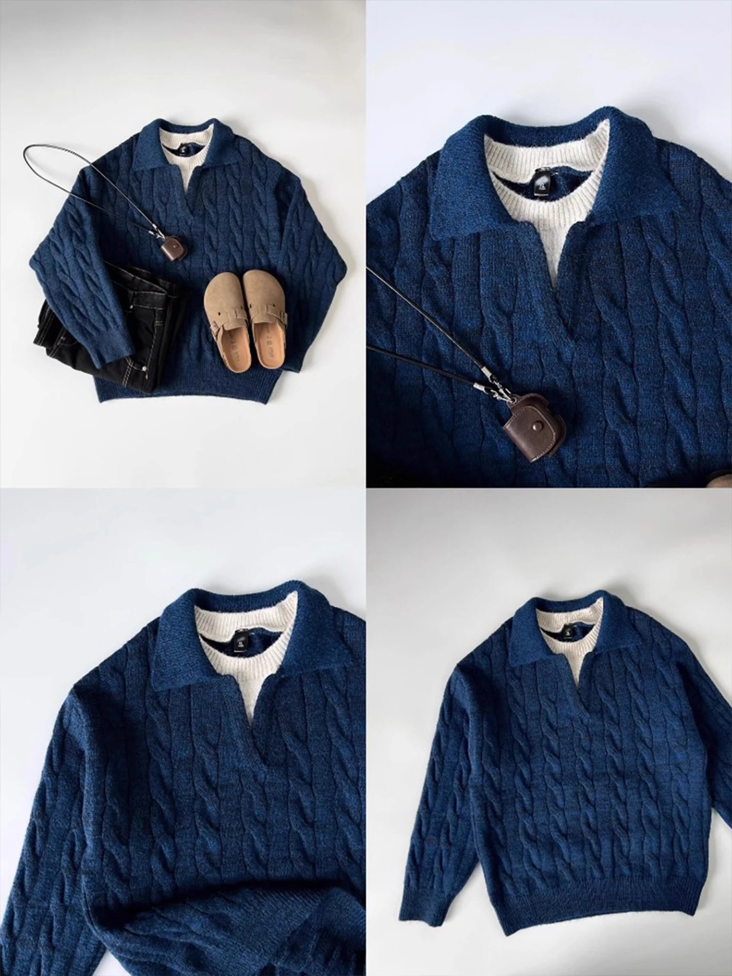 

Blue Sweater Men's Warm Knitted irt Collar Loose Fit Winter Outerwear Polyester Fiber Casual Sle Comfortable Base Layer