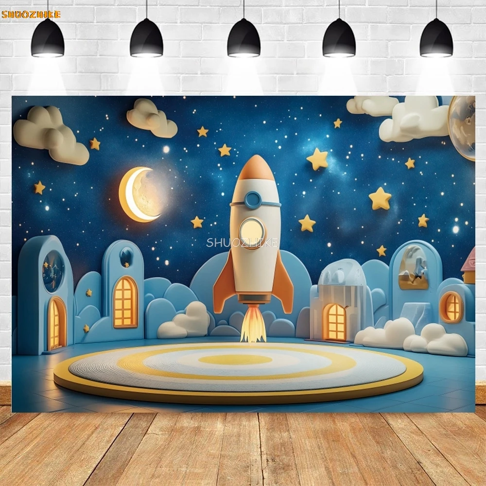 Sfondo astronauta razzo Pianeti cosmici Stelle Nuvole Baby Shower Bambini Festa di compleanno Sfondo fotografico Puntelli per studio fotografico