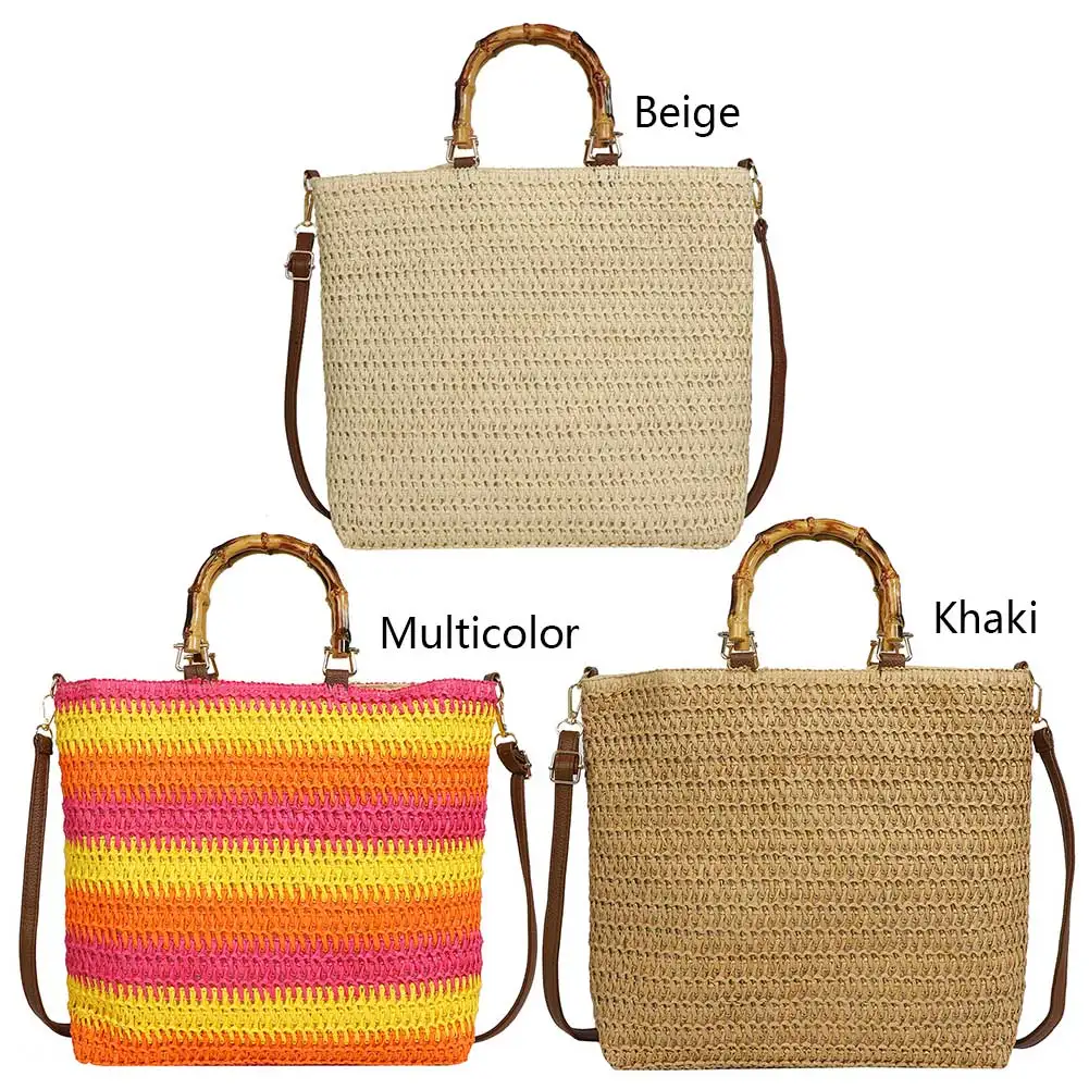 

Women Straw Woven Handbag Fashion Woven Handbag Large Capacity Messenger Bag with Bamboo Handle Drawstring for Party Vacation