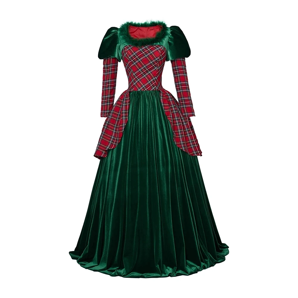 Victorian Scottish Plaid Green Velvet Dress 1880s Renaissance Court Princess Costume Halloween Christmas Theatre Stage Show Gown