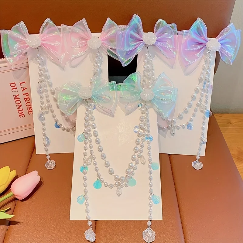 Children Baby Mermaid Princess Pearl Butterfly Fringe Bow Forehead Chain Hairpin Fairy Hair Accessories Cartoon Girls Hair Clip