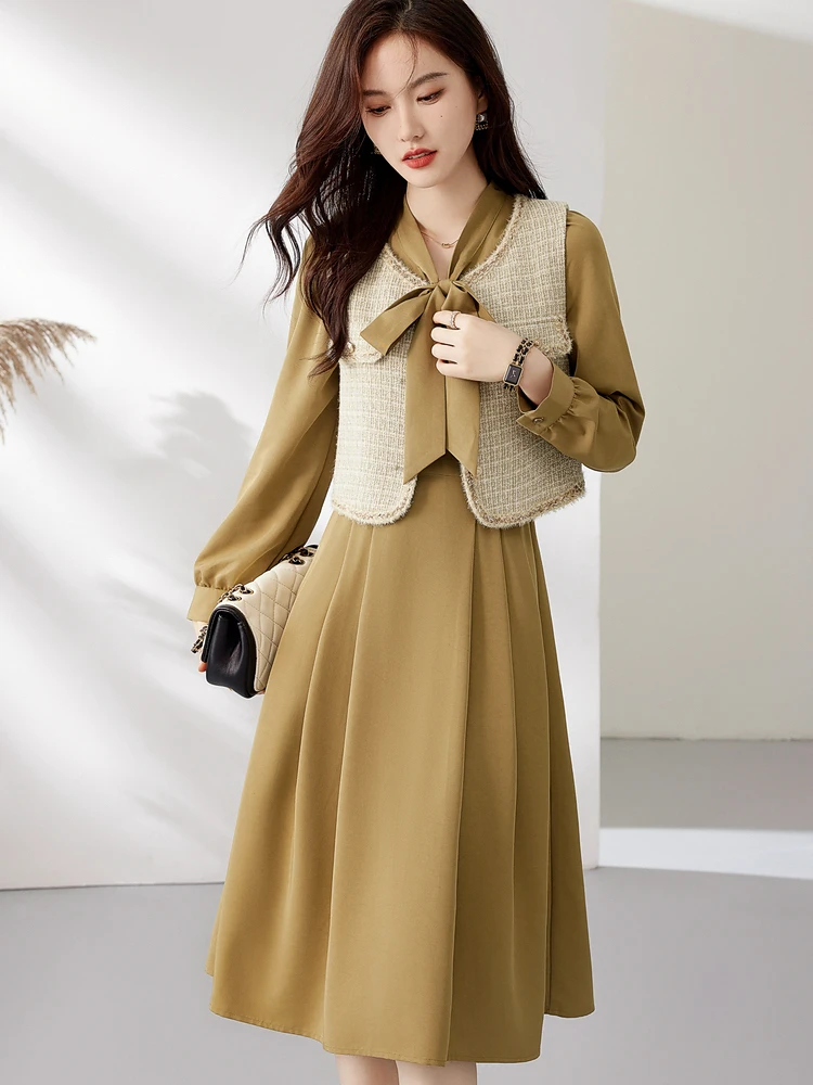 Vimly Elegant Vintage Two Piece Dress Sets for Women 2023 Autumn Winter Bow Neck Long Sleeve Pleated Midi Dress Tweed Vest M2802