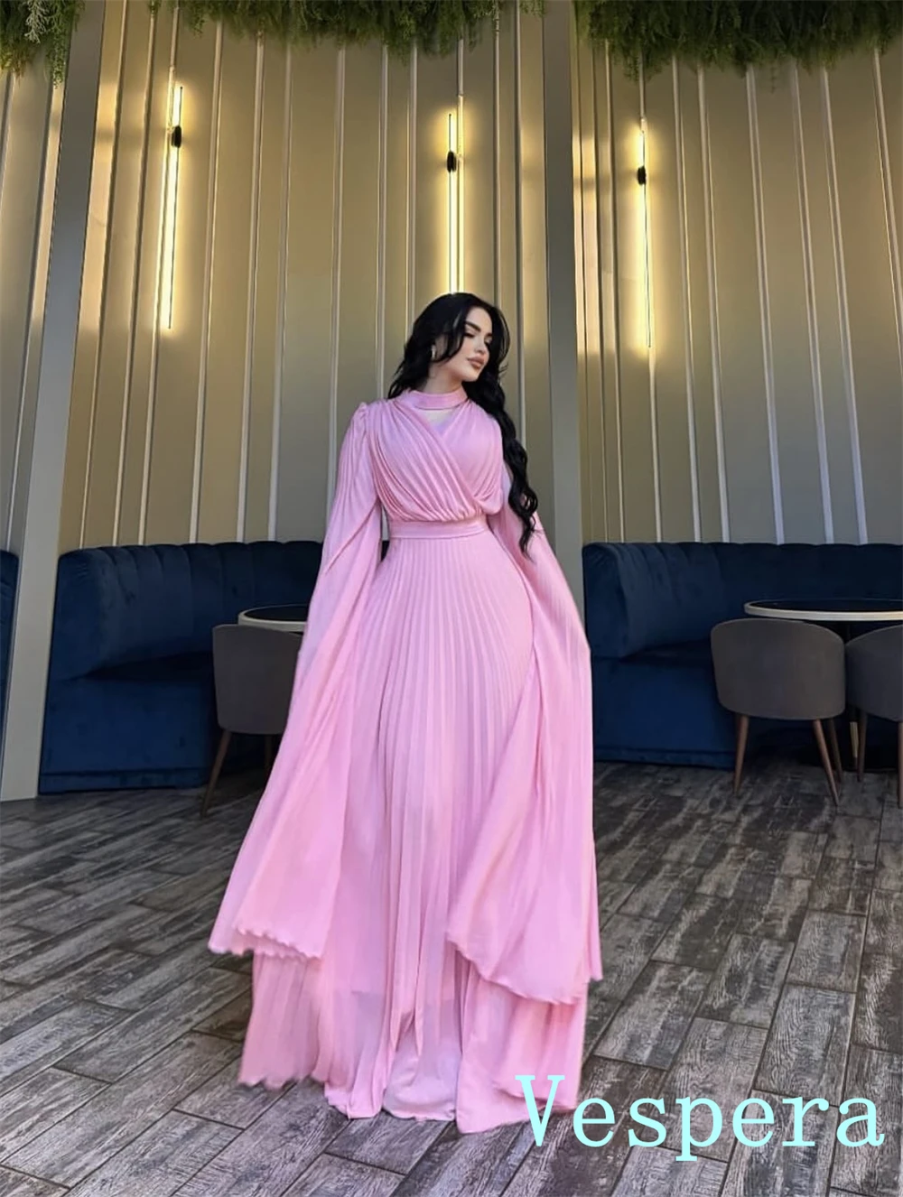 Aangepaste romantische chiffon avondjurk prachtige v-hals lange mouwen celebrity jassen mode sweep trein vestido de festa