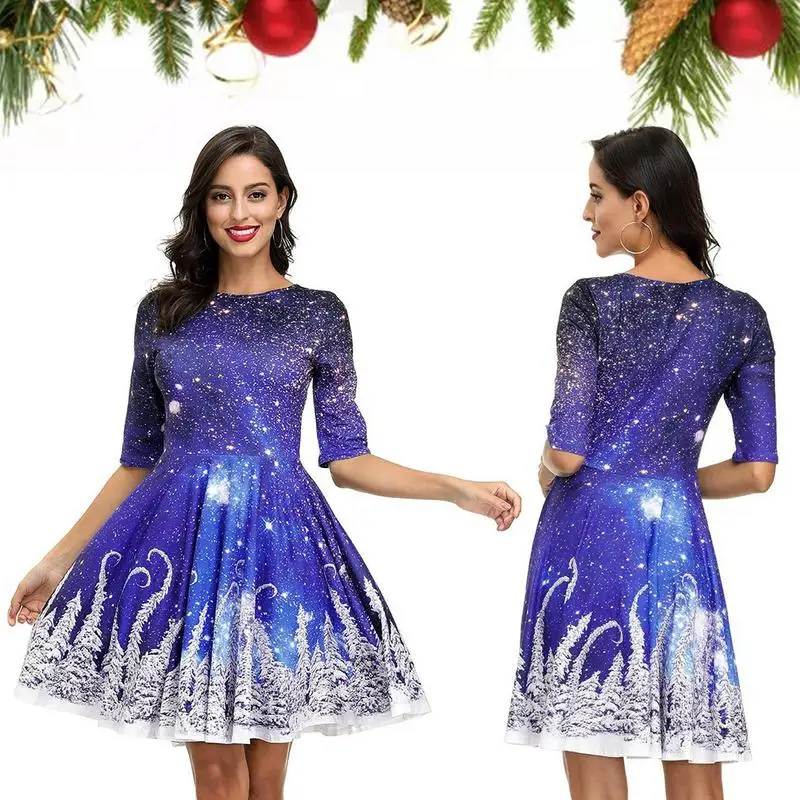 Christmas Dress Crew Neck Design Women's Christmas Dresses Short Sleeve Casual A-Line Christmas Dress Suitable For Women