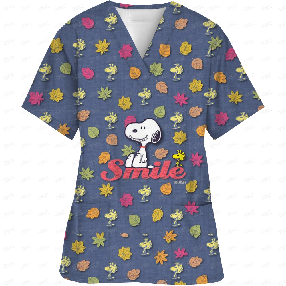 Uniformi da lavoro ospedaliere scollo a V manica corta Scrub vestiti Cartoon Snoopy stampa abbigliamento da infermiera da donna uniforme clinica